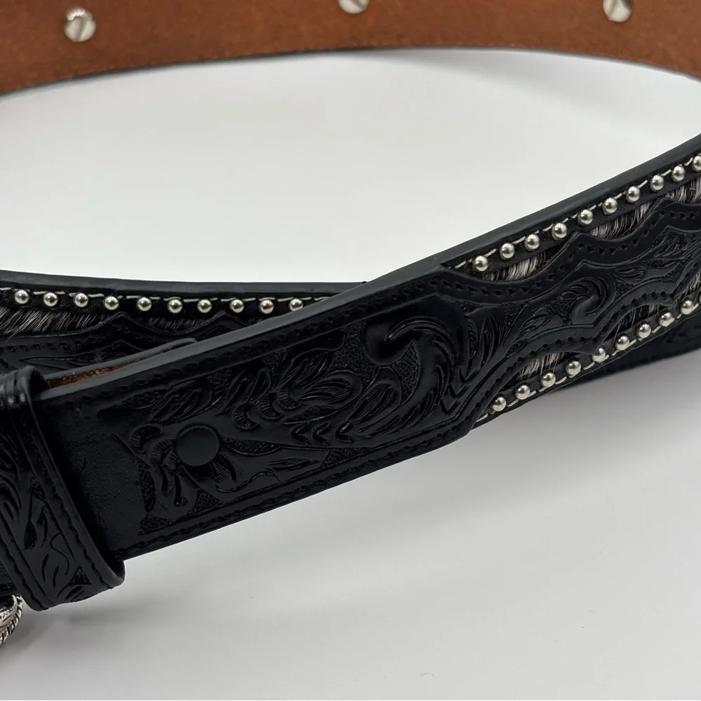 DDD 3D Black‎ Leather Belt Studded Rhinetsone Cross Western Size 40
